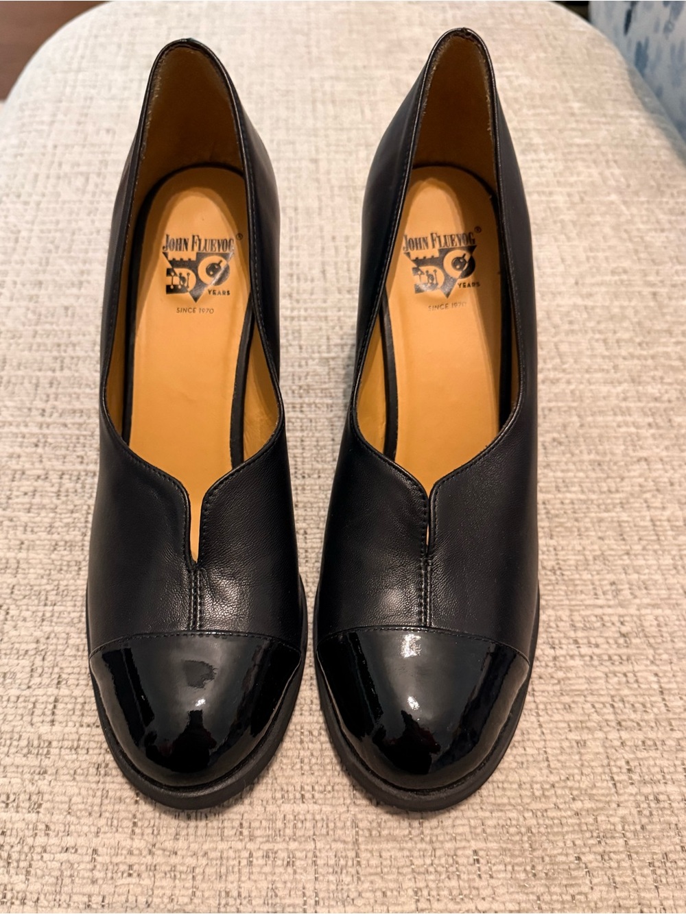 John Fluevog Black Leather Slip-On Heels with Glossy Cap Toe